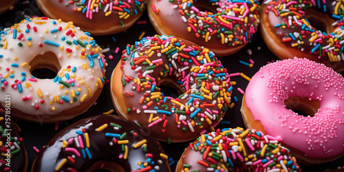 Delicious donuts with sprinkles. Fresh baked donuts. Tasty food background. Sweets and treats backdrop.