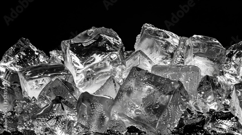 A close-up, monochrome image of crystal-clear ice cubes, highlighting their transparency and sharp geometrical edges