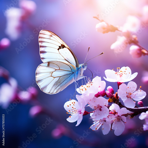 Butterfly on a branch of cherry blossoms. Spring background. Nature background.
