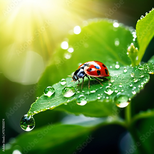 Ladybug on green leaf with dew drops macro close up. Nature background.