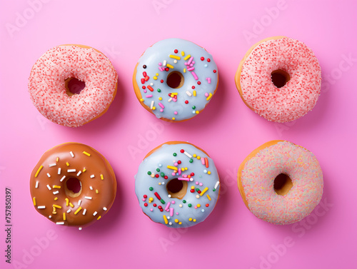 Delicious donuts with sprinkles. Fresh baked donuts. Tasty food background. Sweets and treats backdrop.
