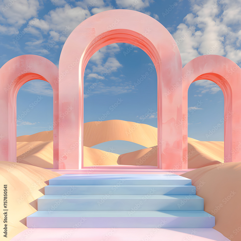 3D podium with arches in pink blue colors against desert and sky background, Abstract minimalistic podium background for product presentation 3D podium with arches in pink blue colors against desert and sky background, Abstract minimalistic podium background for product presentation