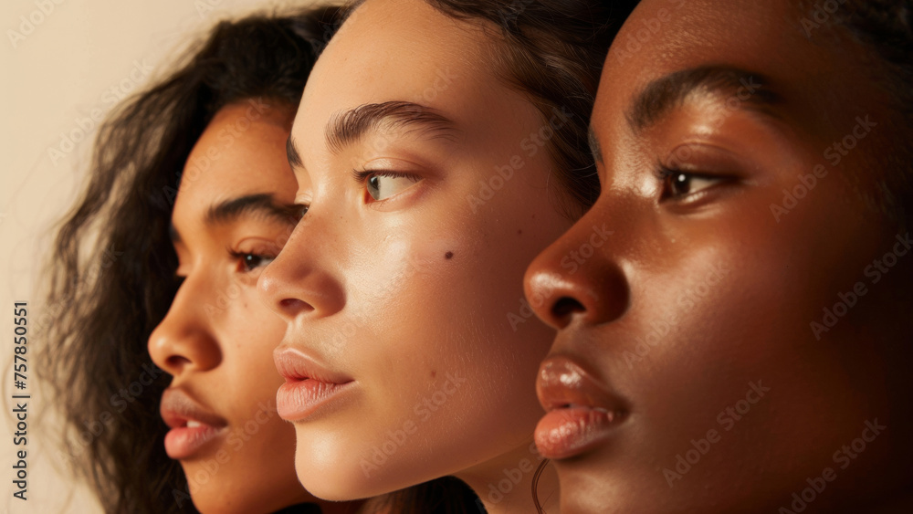Three women of diverse beauty stand together, showcasing solidarity and friendship. Three women of diverse beauty stand together, showcasing solidarity and friendship.