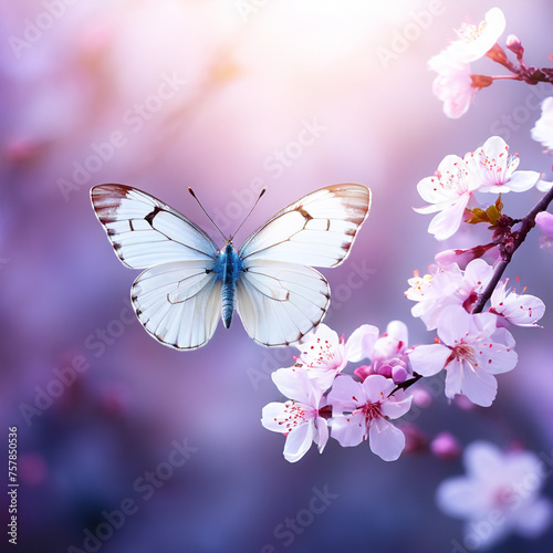 Butterfly on a branch of cherry blossoms. Spring background. Nature background. © Irina