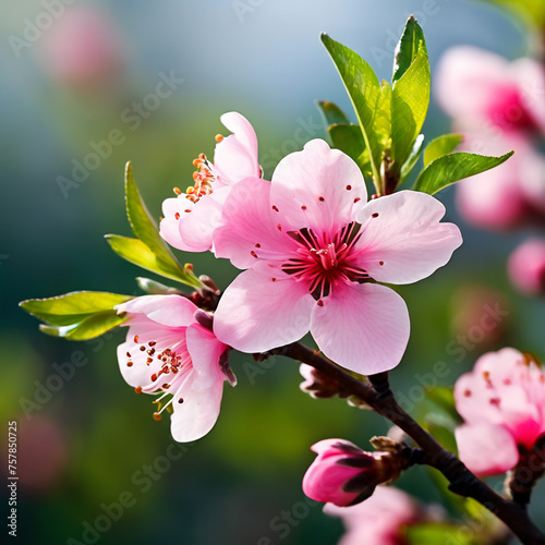Nature background. Blossoming branch of tree. Bright colorful spring flowers.