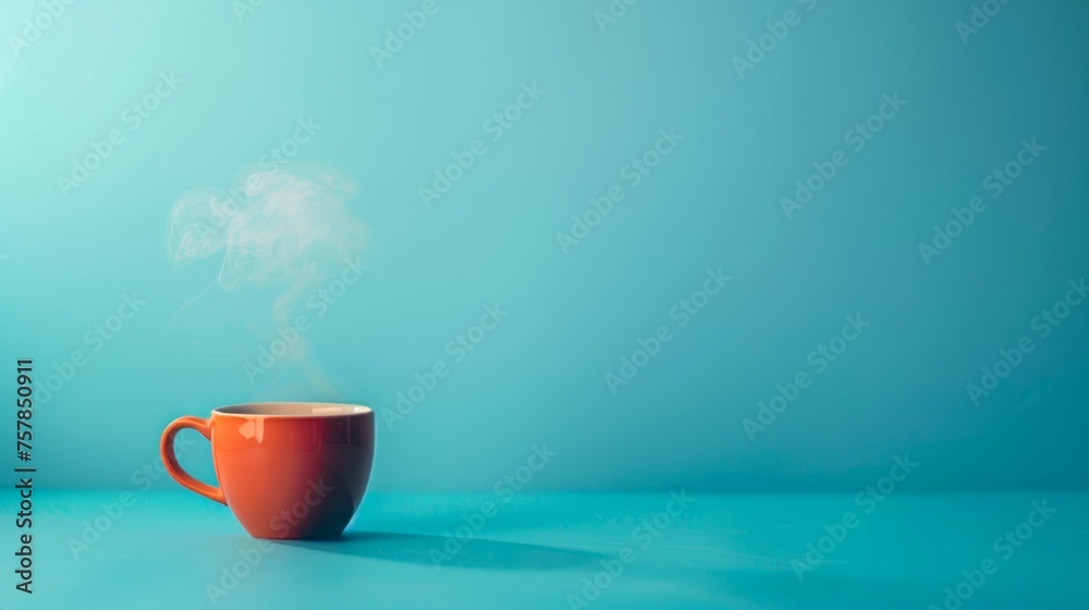 An orange coffee cup releases steam against a calming blue background, inviting a moment of relaxation - obrazy, fototapety, plakaty 