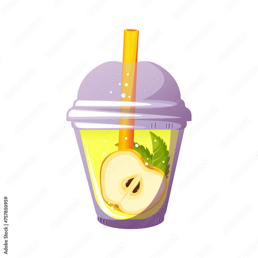 Fruity summer juice. Smoothie with fresh fruit. Cocktail in a plastic glass. Lemonade with apple. Vector illustration. Fruity summer juice. Smoothie with fresh fruit. Cocktail in a plastic glass. Lemonade with apple. Vector illustration.