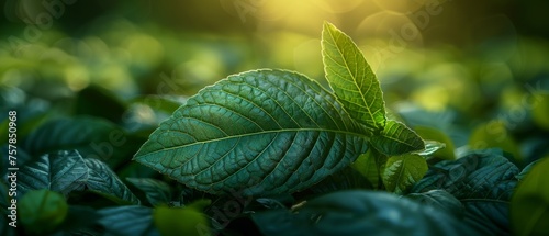 A green leaf on a blurred greenery background. Beautiful leaf texture in sunlight. Natural plants landscape, ecology. Closeup nature view with ample space for text. Natural green background.