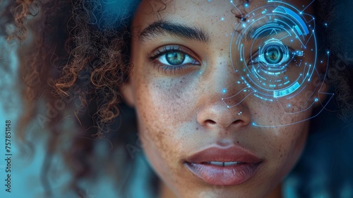 Image of a beautiful black woman's head with face recognition technology and a HUD around her eye.