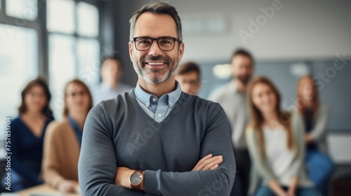 A happy smiling mature Male teacher with crossed arms, wearing glasses, looking at the camera against a blurred background of Students in the classroom. Profession, Lecture, School, University concept photo