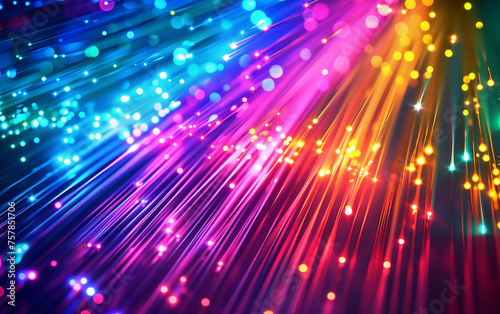 Colorful neon fiber optics network cable on technology background