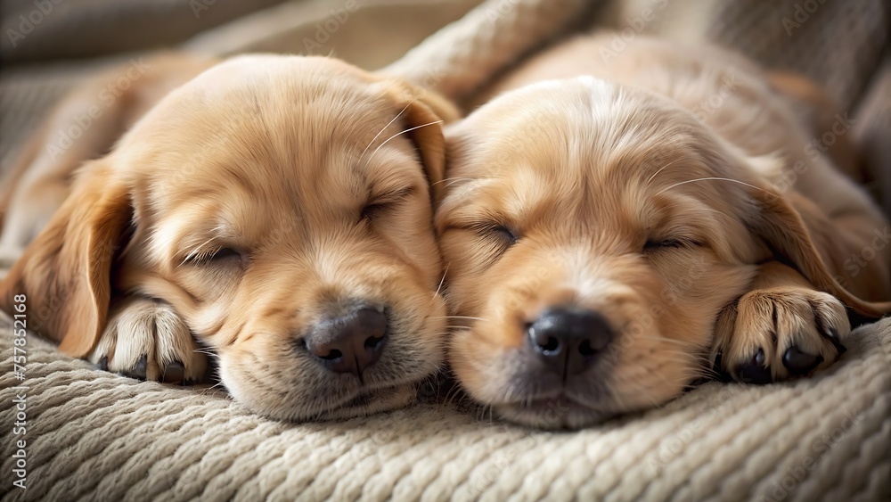 Generative ai. A pair of adorable puppies snuggled up together for a nap - obrazy, fototapety, plakaty 