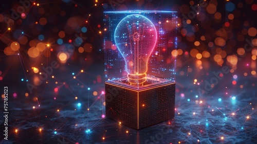 Abstract open box with light bulb. Geometric background. Wireframe light connection structure. Modern 3D graphic concept. Isolated illustration.