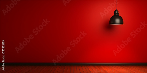 Blank red wall in an empty room with a wooden floor front view with a black lamp hanging, generative AI 