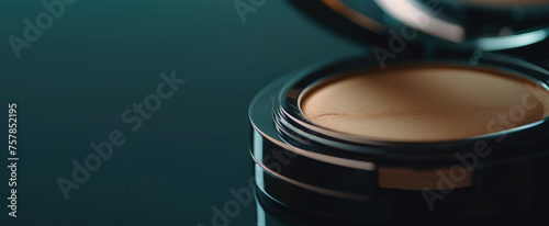 Compact Powder on simple Background with copy space. High-quality makeup compact with decorative cosmetic dry powder.  photo