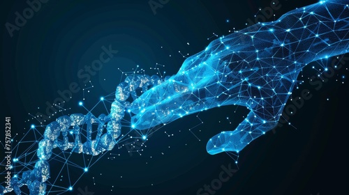  illustration of a blue giving hand with flying 3D DNA molecule helix. Low poly style. Graphic geometric. Wireframe light connection structure.