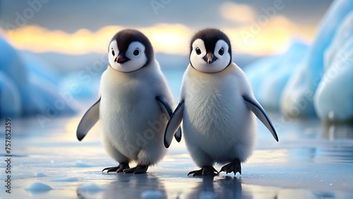 Generative ai. A pair of cute penguins waddling across the ice