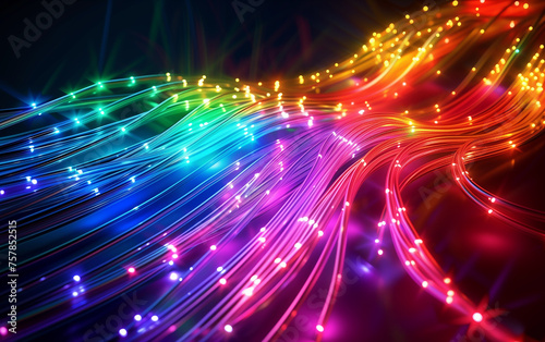 Colorful neon fiber optics network cable on technology background