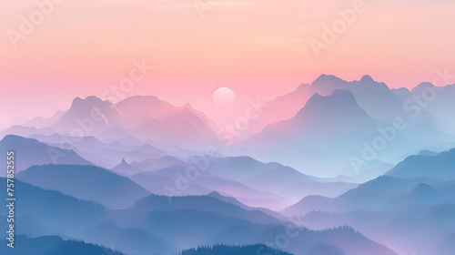 misty sunrise silhouette over a mountain range, pastel colours © Mizangraphics2046