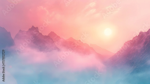 misty sunrise silhouette over a mountain range, pastel colours photo