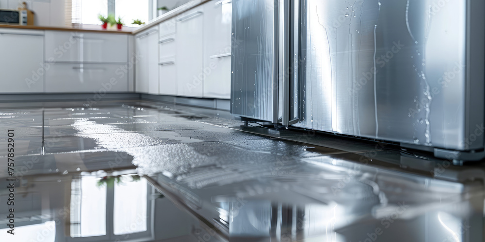 Leaking Refrigerator in Modern Kitchen. Puddle of water under refrigerator indicating a leak
