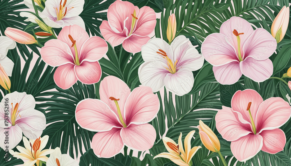 collection of soft pastel tropical flowers isolated on a transparent background