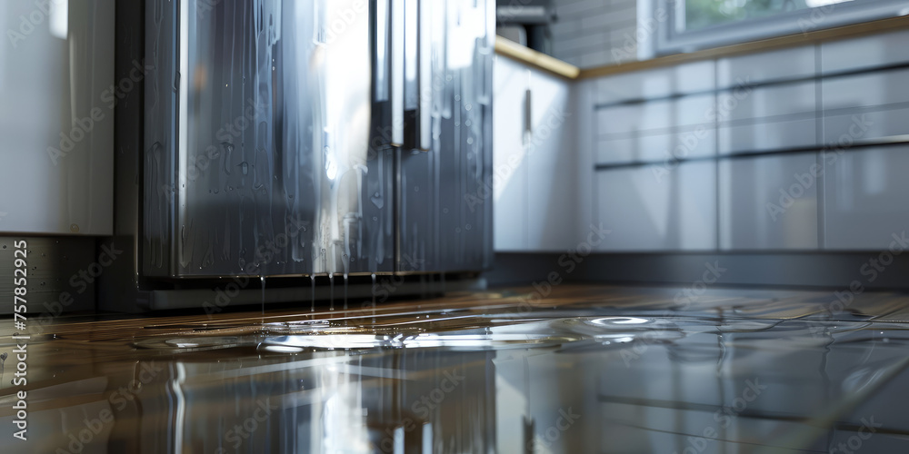 Leaking Refrigerator in Modern Kitchen. Puddle of water under refrigerator indicating a leak