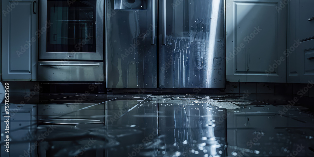 Leaking Refrigerator in Modern Kitchen. Puddle of water under refrigerator indicating a leak, water on floor. Kitchen appliance breakdown. - obrazy, fototapety, plakaty 