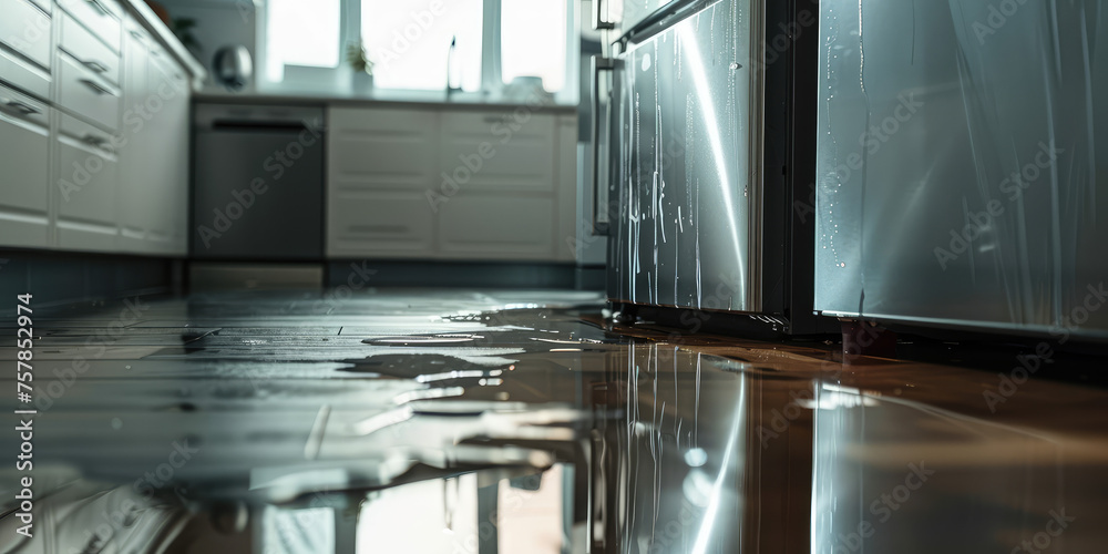 Leaking Refrigerator in Modern Kitchen. Puddle of water under refrigerator indicating a leak