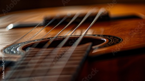 The warmth of a classical acoustic guitar's body, with detailed focus on the strings and soundhole