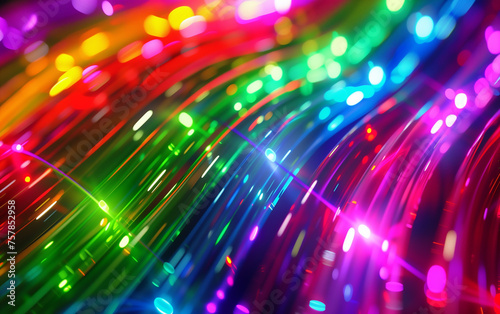 Colorful neon fiber optics network cable on technology background