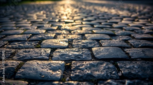 A warm sunlight bathes a cobblestone street, highlighting textures and details of the stones