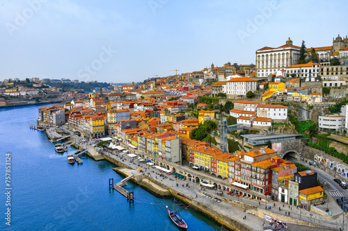 Aerial view of Porto cityscape by the riverbank of the Douro River, Portugal