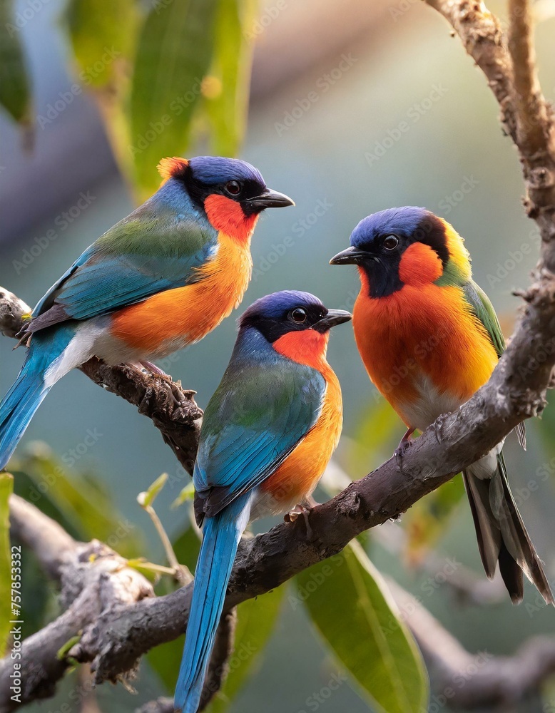 A group of colorful tropical birds perched on a tree branch, chirping and preening in the morning light A group of colorful tropical birds perched on a tree branch, chirping and preening in the morning light