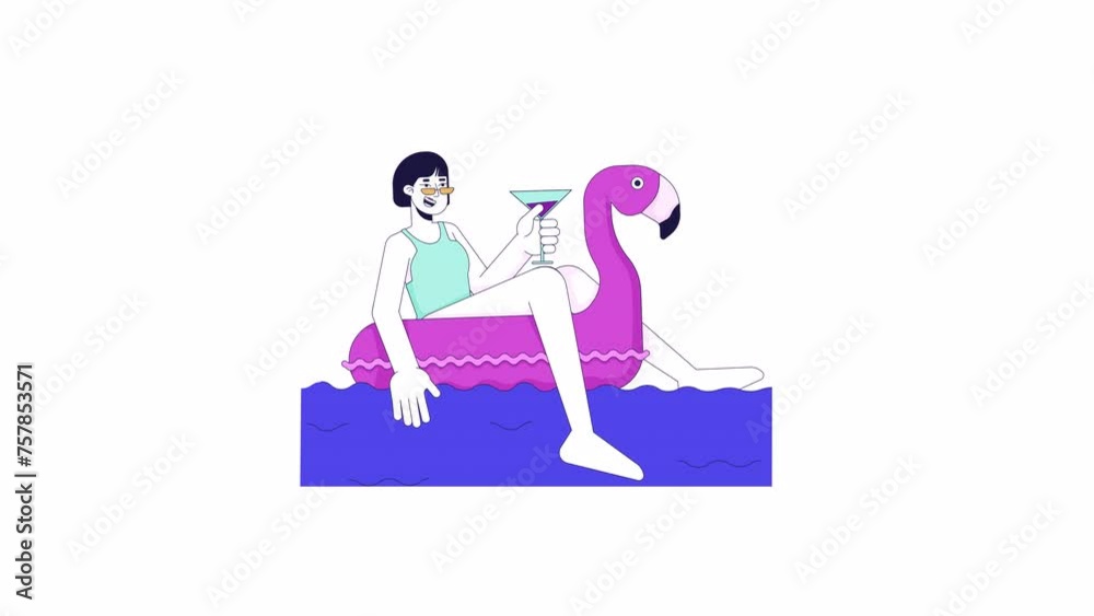 Asian female with cocktail in pool line cartoon animation. Poolside party relax 4K video motion graphic. Woman on inflatable flamingo 2D linear animated character isolated on white background Asian female with cocktail in pool line cartoon animation. Poolside party relax 4K video motion graphic. Woman on inflatable flamingo 2D linear animated character isolated on white background