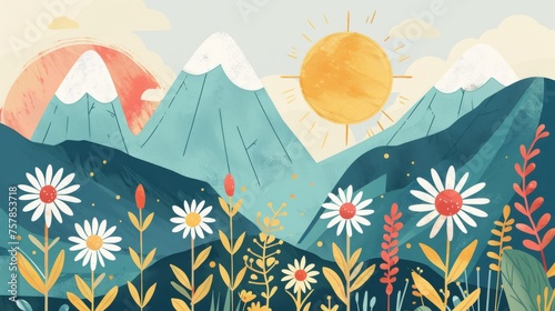 Abstract serene illustration featuring layered mountains with a warm sun and blooming flowers in a calming color palette, invoking a sense of peace and nature's beauty. Great as banner design.