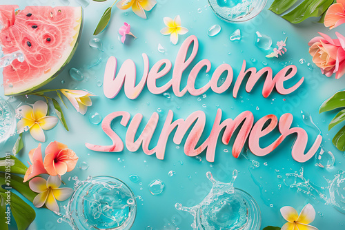 welcome summer text surrounded by a summer flowers  watermelon slice  water splash on a pastel blue and pink background