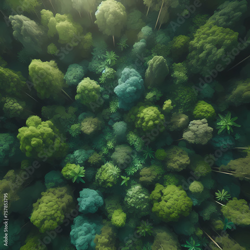 an aerial top view image of green trees in a forest, showcasing lush foliage and dense vegetation, suitable for design purposes, generative ai