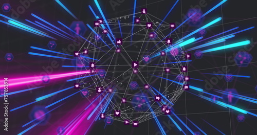 Image of network of connections with globe over blue neon light trails