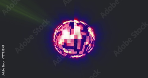 Image of spinning mirror ball and blue neon light trails on black background