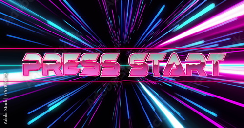 Image of press start over pink and blue neon light trails