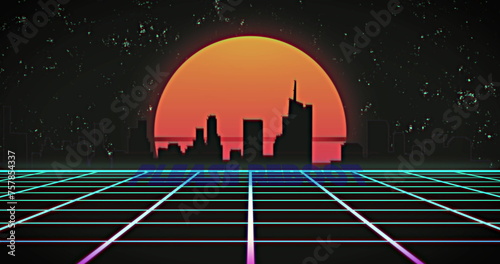 Image of please reboot text over a grid and digital sunset