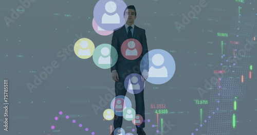Image of financial data, world map and icons over caucasian businessman