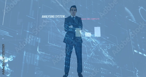 Image of diverse data and analysis complete over caucasian businessman