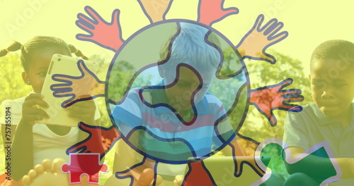 Image of colourful puzzle pieces and globe with hands over children sing tablets