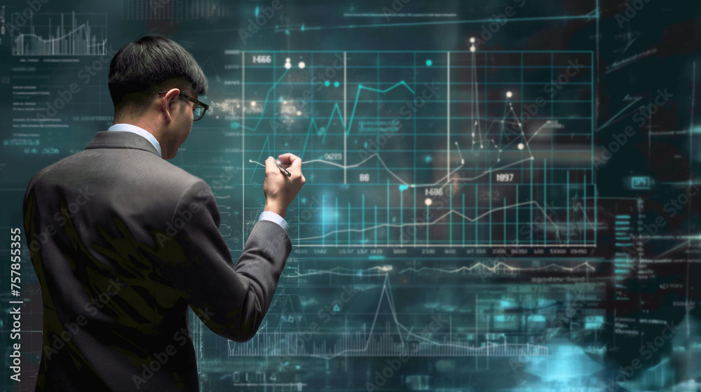 Businessman drawing, writing and planning stock market, financial candle light chart