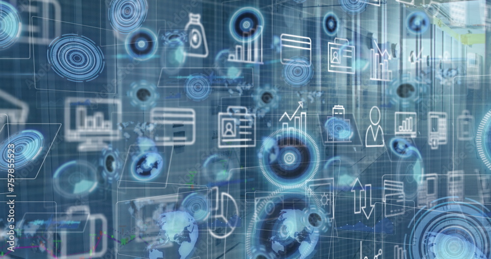 Image of digital icons and multiple round scanners against computer server room Image of digital icons and multiple round scanners against computer server room