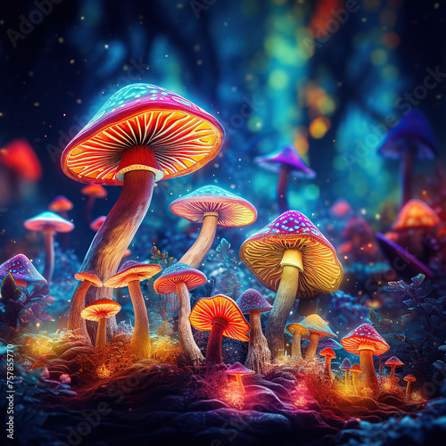 close up image of glowing fluorescent psychedelic magic mushrooms in a fantasy context Generative AI