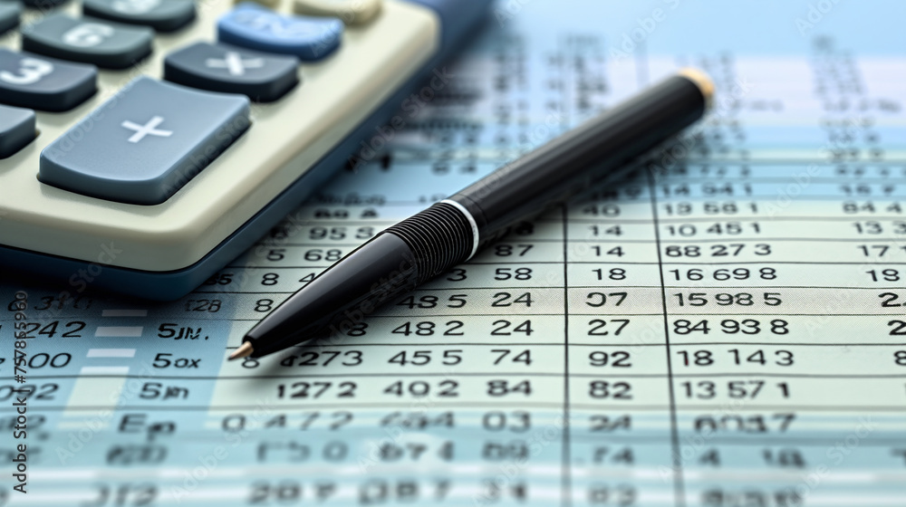 Financial report, calculator, and pen on table Financial report, calculator, and pen on table