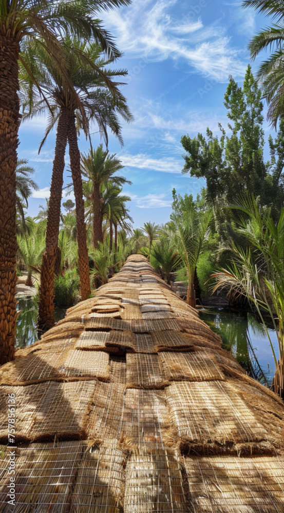 A wide-angle view of the ground in an oasis with date palm trees, where brown straw has been turned into fabric and woven together to form long horizontal structures.